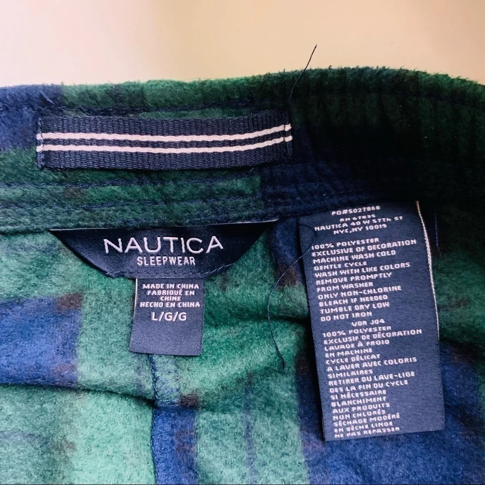 Nautica classic Men’s Fleece navy & green plaid sleepwear Pants Large